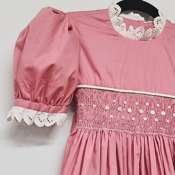 Hand Made Pink Smocked Dress Lace Trim Button Detail Puff Sleeve Tie Waist - Picture 2 of 10